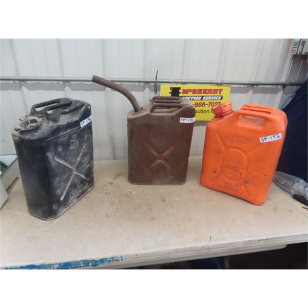 3 Gas Cans; 2) Metal , 1) Poly