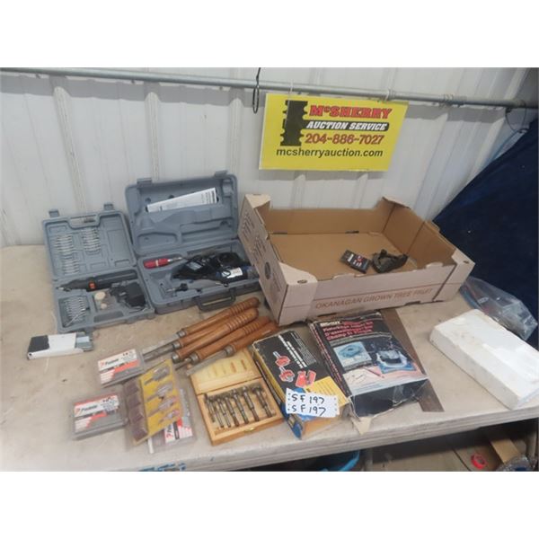 2 Dremels, Wood Lathe CArving Tools, Router Bits plus more