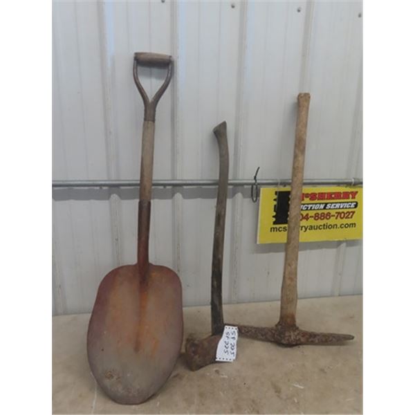 3 Hand Yard Tools; Shovel, Axe, Pick