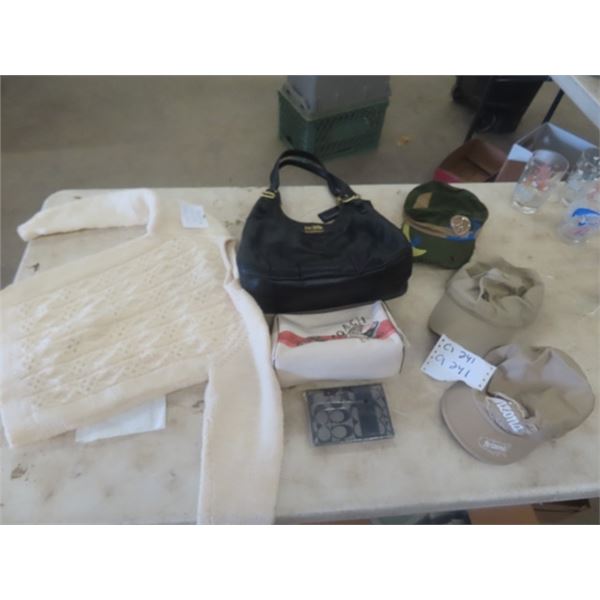 3 Coach Purses + Wallet, Hand Knitted Sweater, 3 Hats