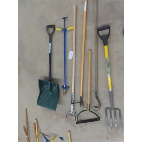 7 Hand Yard Tools; Shovel, Edger, Potato Fork, Grass whip, Sickle, Weed Puller