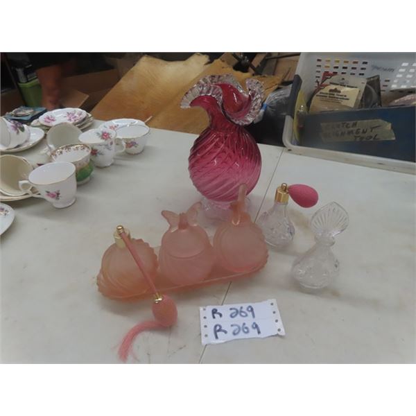 Cranberry Glass Vase 10"  Tall & Perfume Bottle Set with Tray plus 2 others
