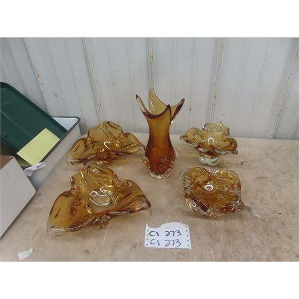 5 Blown Glass Centerpieces including Matching Vase