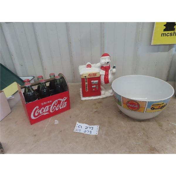 Coca-Cola Items; Cookie Jar, Serving Bowl, Metal 6 Pack Carrier with Bottles