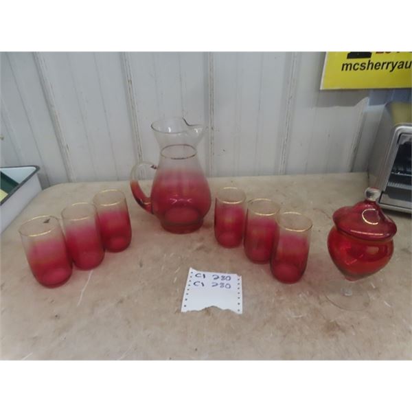 Cranberry Glass Pitcher with 6 Matching Glasses & Covered Candy Dish