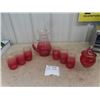 Image 1 : Cranberry Glass Pitcher with 6 Matching Glasses & Covered Candy Dish