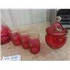 Image 3 : Cranberry Glass Pitcher with 6 Matching Glasses & Covered Candy Dish