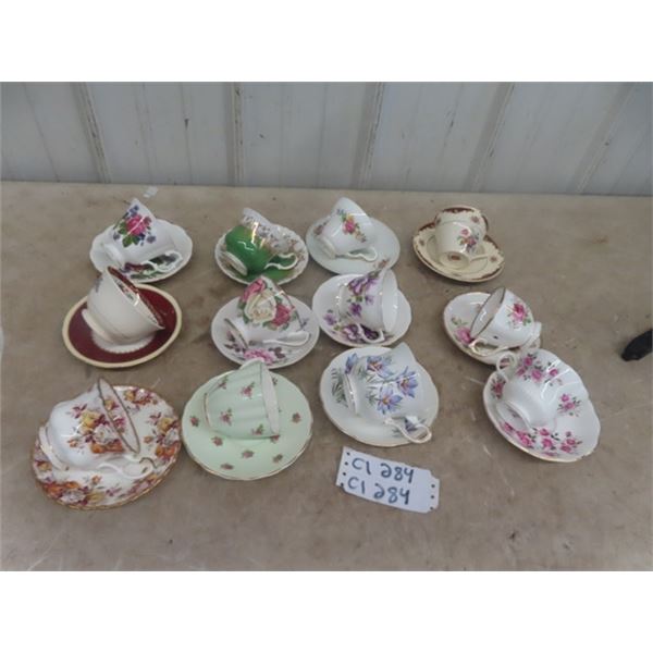 12 China Cup + Sauce Pairs; Royal Albert, Queen Anne, Royal Grafton, Crawford, Claire, Myott