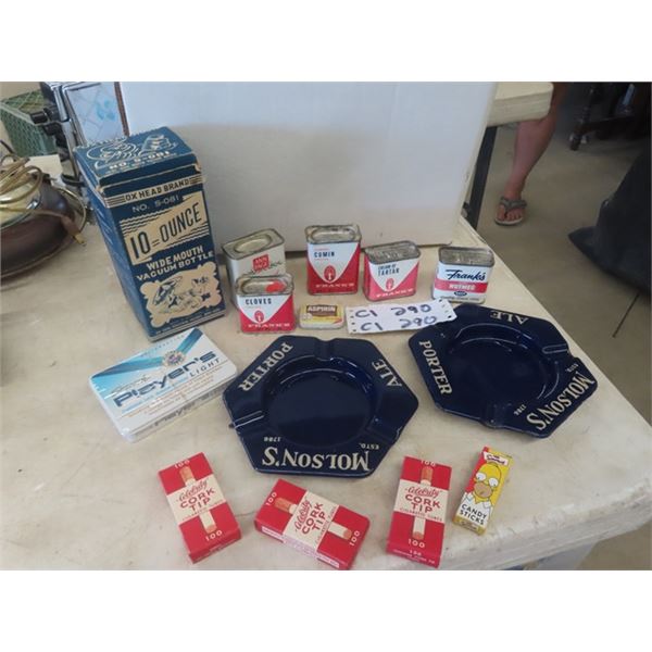 2 Porcelain Molson Ashtrays ( Excellent Condition) New Old Stock Cork Tip Rolling Papers, Spice Tins