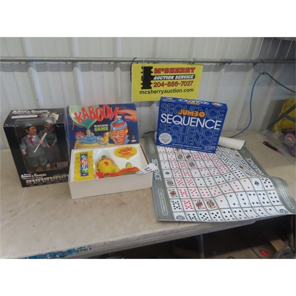 Abbot & Costello Figurines in Box, Vintage Kaboom Balloon Game, Jumbo Sequence Game