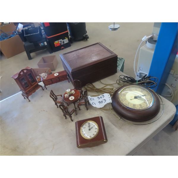 Telephone in Wooden Case, Doll Furniture, 2 Clocks; 1) United, 1) Seth Thomas