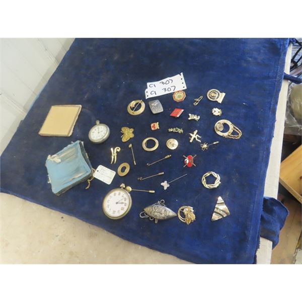 2 Pocket Watches- 1 is Jewel 8 day , Some Broaches & Pins