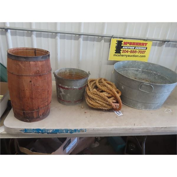 Galvanized Tub + Pail, Nail Keg & Rope