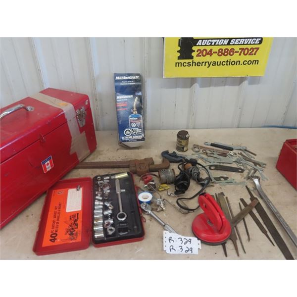 2 Metal Tool Boxes, 3/8" Socket Set, Propane Torch Kit, Soldering Gun, Filter Wrench, Pipe Cutter pl