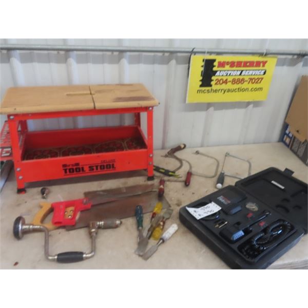 Tool Stool, Saws, Wood Chisels, 12 V Air Compressor