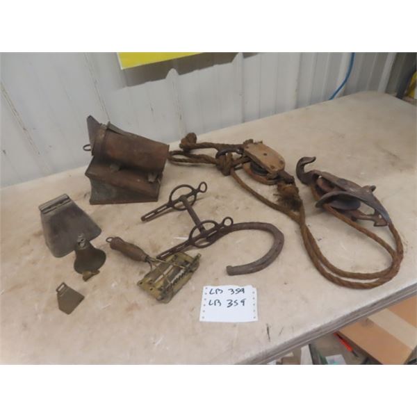 Bee Smoker, Cow Bell, Rope Pulley, Horse Shoe