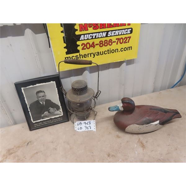 Railway Lantern, Duck Decoy, No Dollar, No Friend Slogan & John Wayne Photo