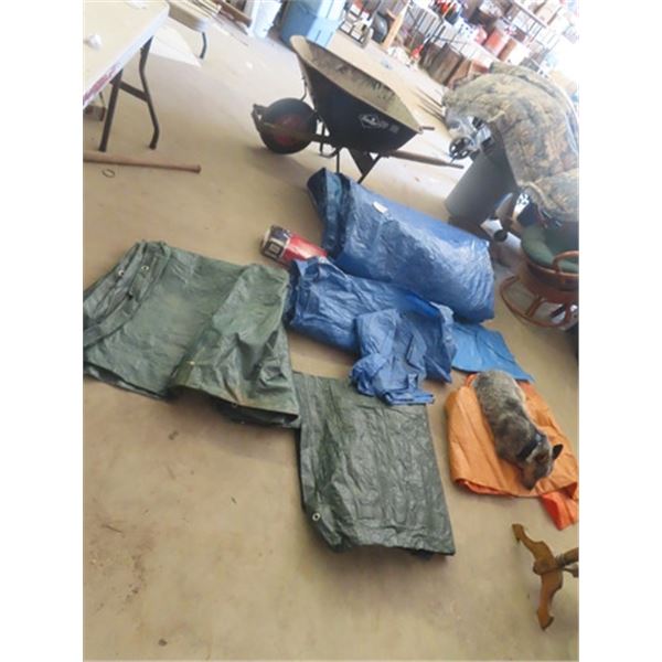 7 Tarps; 1 Large + 6 Small/Med & Wheel Barrow - might need bearing