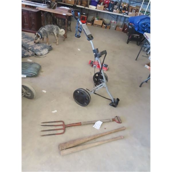 Golf Caddy, Potato Fork & 2 Baseball Bats