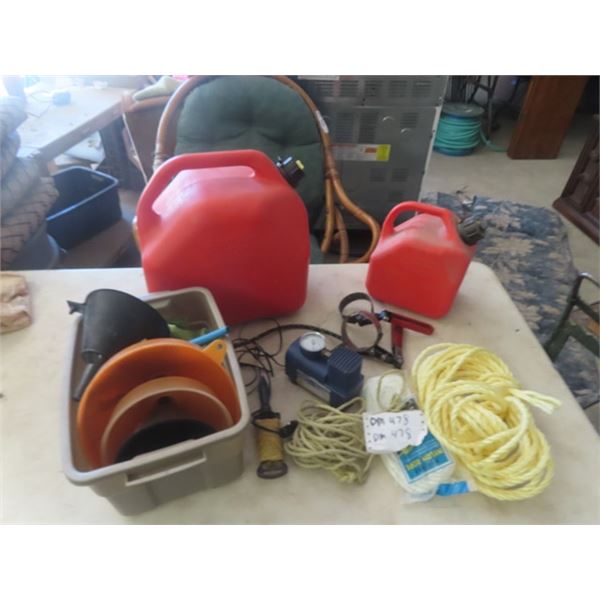 2 Gas Cans, Funnels, Ropes, 12V Air Compressor, Filter Wrench
