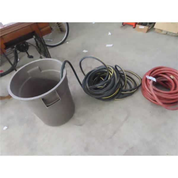 2 Lengths of Rubber Garden Hose & Garbage Can