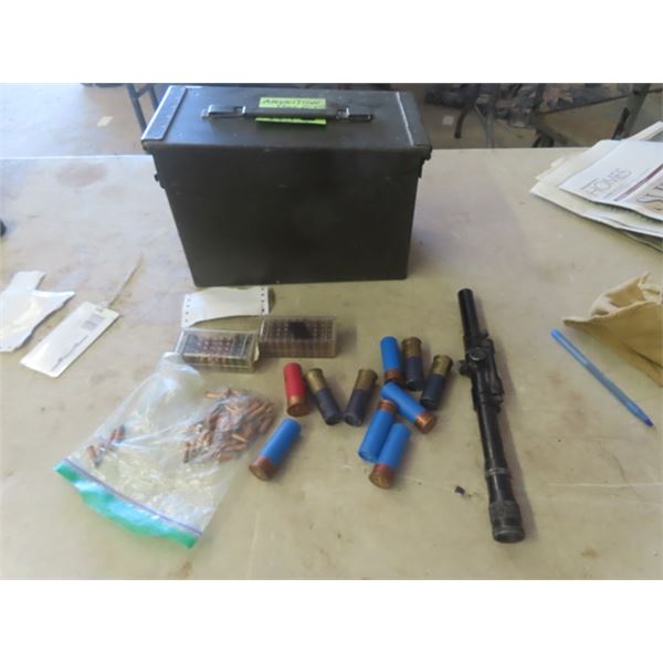 Metal Ammo Crate , 22 Cal Ammo -125 plus Rounds, 12 Gauge Ammo, 10 Rounds & Safari 4x15 Scope - MUST