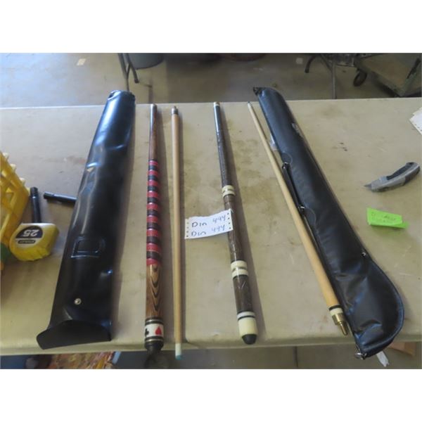 2 Fancy Take Down Pool Cues with Soft Cases