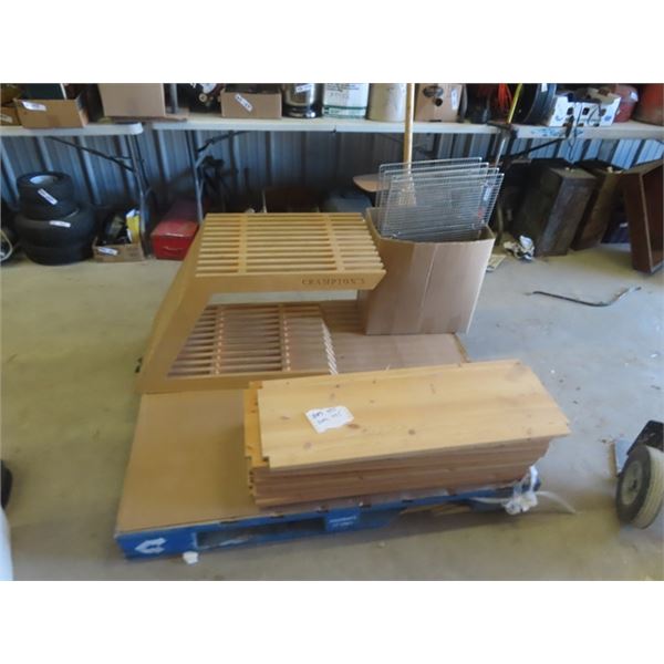 4 Mesh Racking 17" x 24.5", 12 Pine Shelves 12" X 33" & Crampton's Stand ?