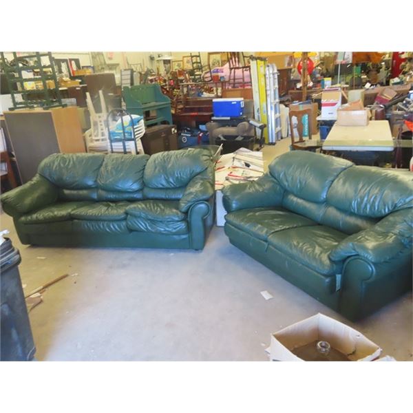 Green Leather Couch & Love Seat