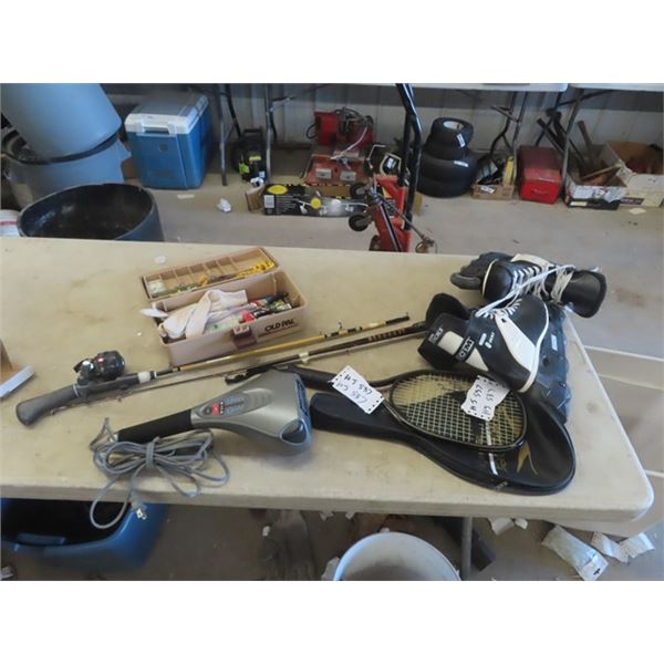Tackle Box with Tackle, Fishing Rod, Tennis Racket, Roller Blades Sz 9 & Massage Wand