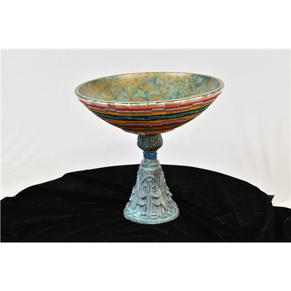 Large Hand Beaded Pedestal Bowl by Kills Thunder