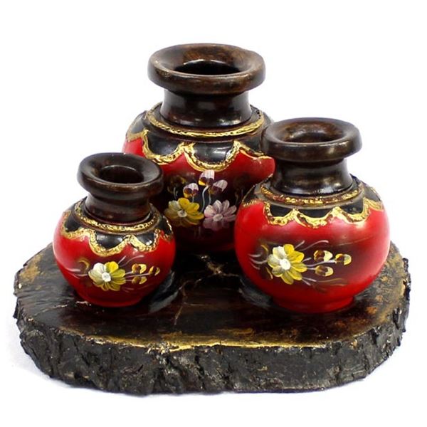 Ethnic Hand Painted Gold Gilt Wood Vases on Stand