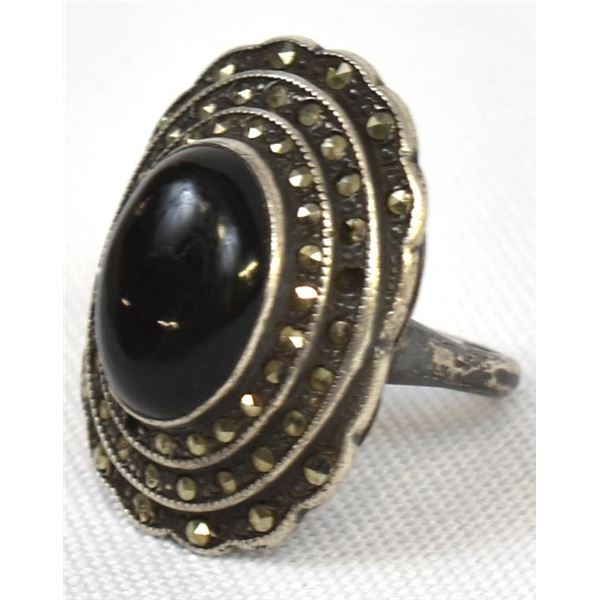 Vintage Estate Marcasite & Onyx Ring, Size 5.5