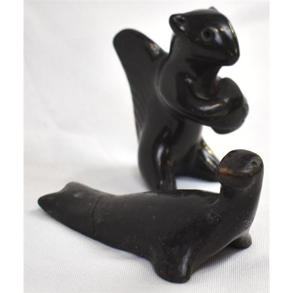 2 Historic Santa Clara Blackware Pottery Animals