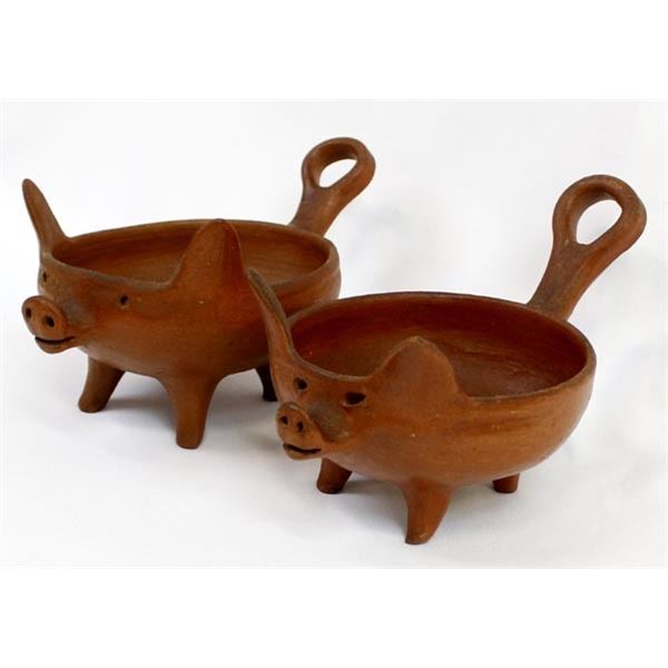 Pr of Redware Pottery Pig Bowls with Handle