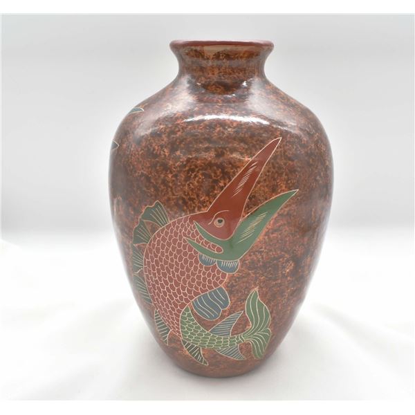 Mexican Sgraffito Sailfish Pottery Vase