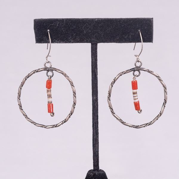 Navajo Sterling Coral and Shell Heishi Earrings
