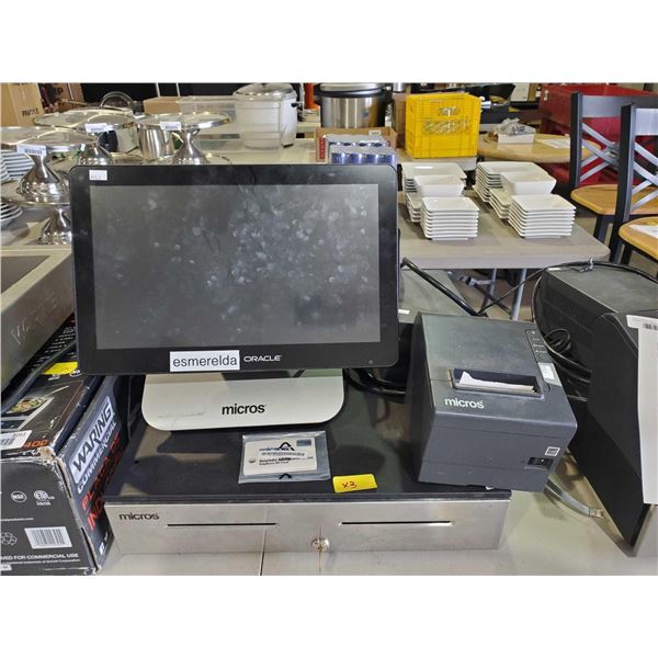 Micros Oracle POS System includes: touch monitor with base, printer, cash drawer, power supply, acce