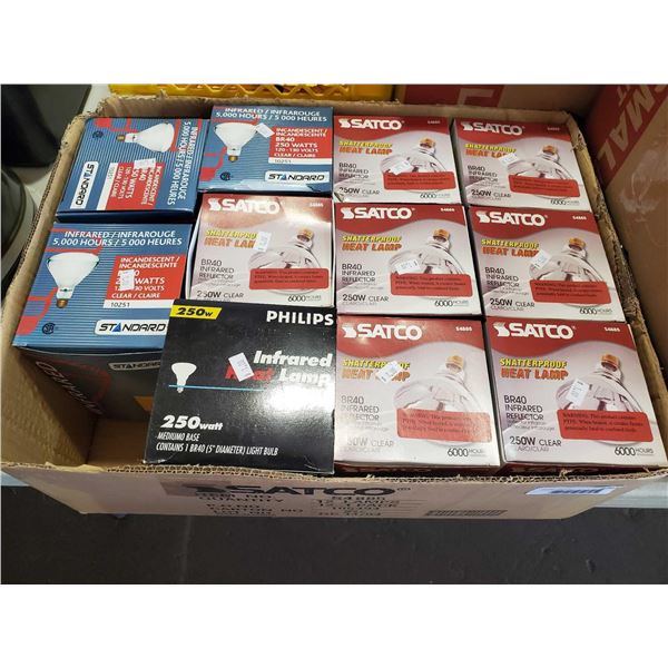 Box lot of assorted infrared heat Lightbulbs