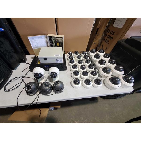 Lot of 33 CCTV Security Cameras in varying sizes with 12 VDC 5 AMP power supply and controls - All w