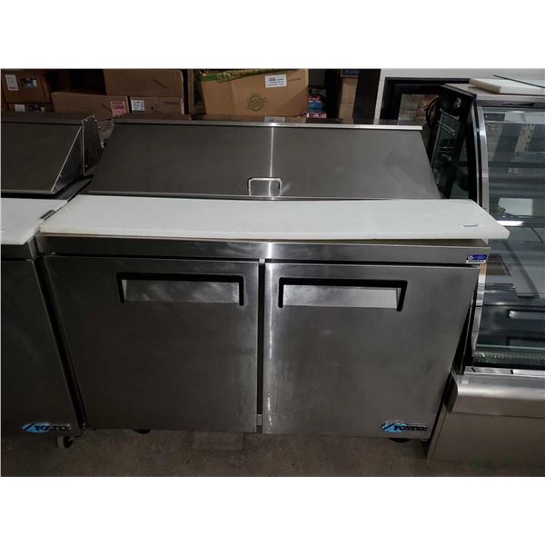 Foster 48 inch double door stainless steel refrigerated sandwich/pizza prep counter on wheels