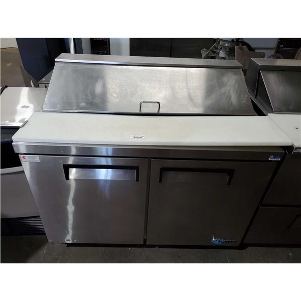 Foster 48 inch refrigerated stainless steel sandwich prep table on wheels