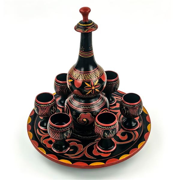 WOODEN 9 PC RUSSIAN FOLK ART DECANTER & GOBLETS