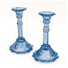 Image 1 : PAIR OF RECYCLED TINTED BLUE GLASS CANDLE STICKS