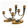 Image 2 : PAIR OF SQUARE BRASS & WOOD 3-TIER CANDLESTICKS