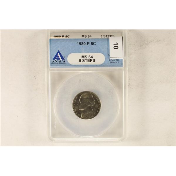1980-P JEFFERSON NICKEL ANACS MS64 FIVE STEPS