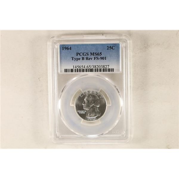 1964 WASHINGTON SILVER QUARTER PCGS MS65 TYPE B.