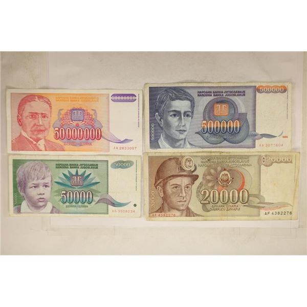 4 YUGOSLAVIAN BANK NOTES: 1987-20,000 DINARA,