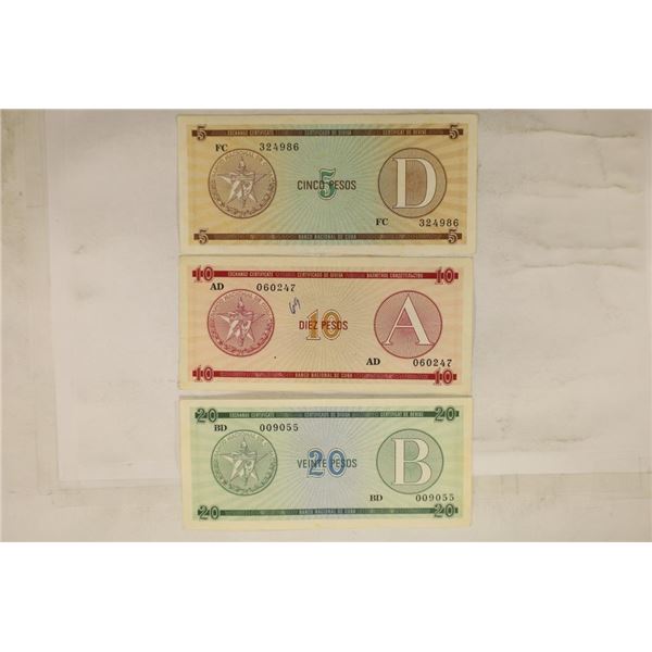 CUBA 5,10 & 20 PESOS FOREIGN EXCHANGE CERTIFICATES