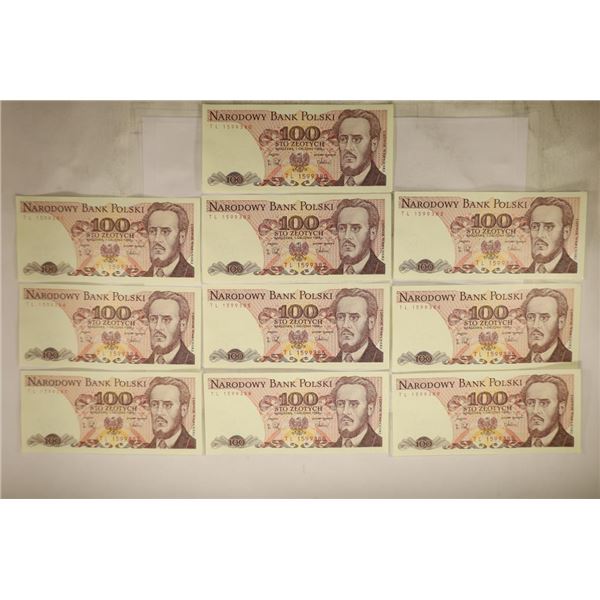 10 POLISH 100 ZLOTYCH CRISP UNC BILLS WITH